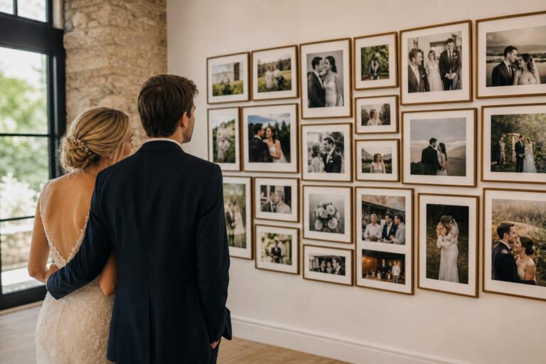 Photo wall wedding display with framed portraits, vows, and pressed florals in an elegant gallery arrangement