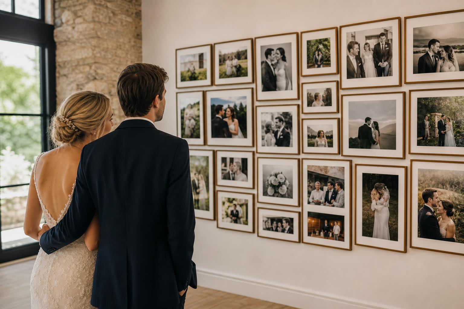 Photo wall wedding display with framed portraits, vows, and pressed florals in an elegant gallery arrangement