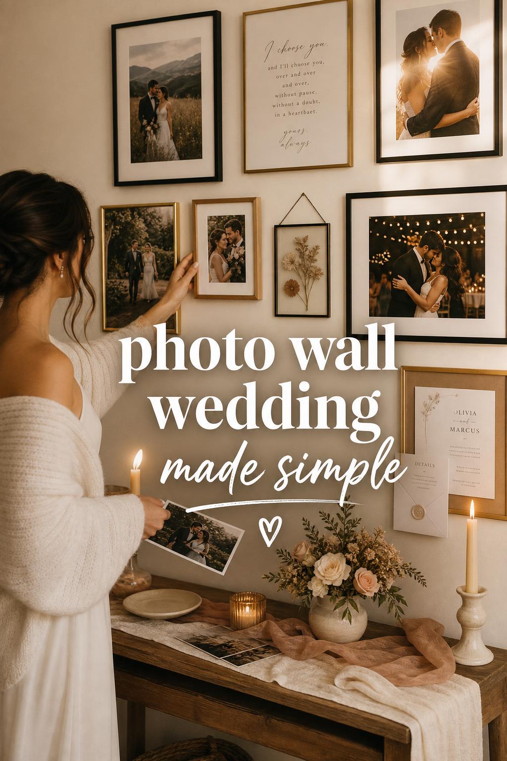 Photo wall wedding display with framed wedding photos above a wood console table in warm candlelit home reception corner