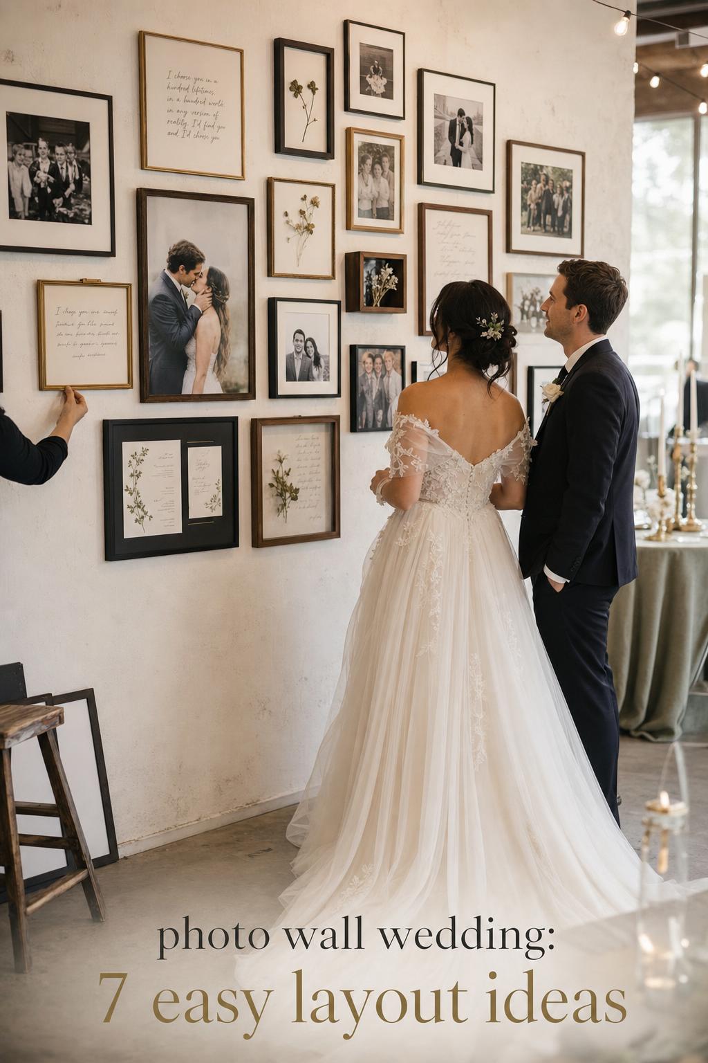 Bride and partner review a photo wall wedding display of framed portraits and vows in a bright modern loft reception setup