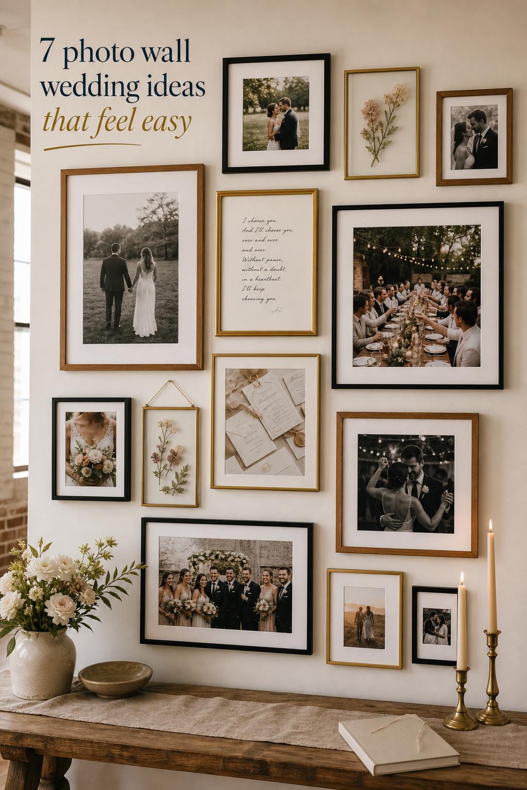 Photo wall wedding installation with mixed frames, vows, invitations, and pressed florals above a styled console in soft window light.