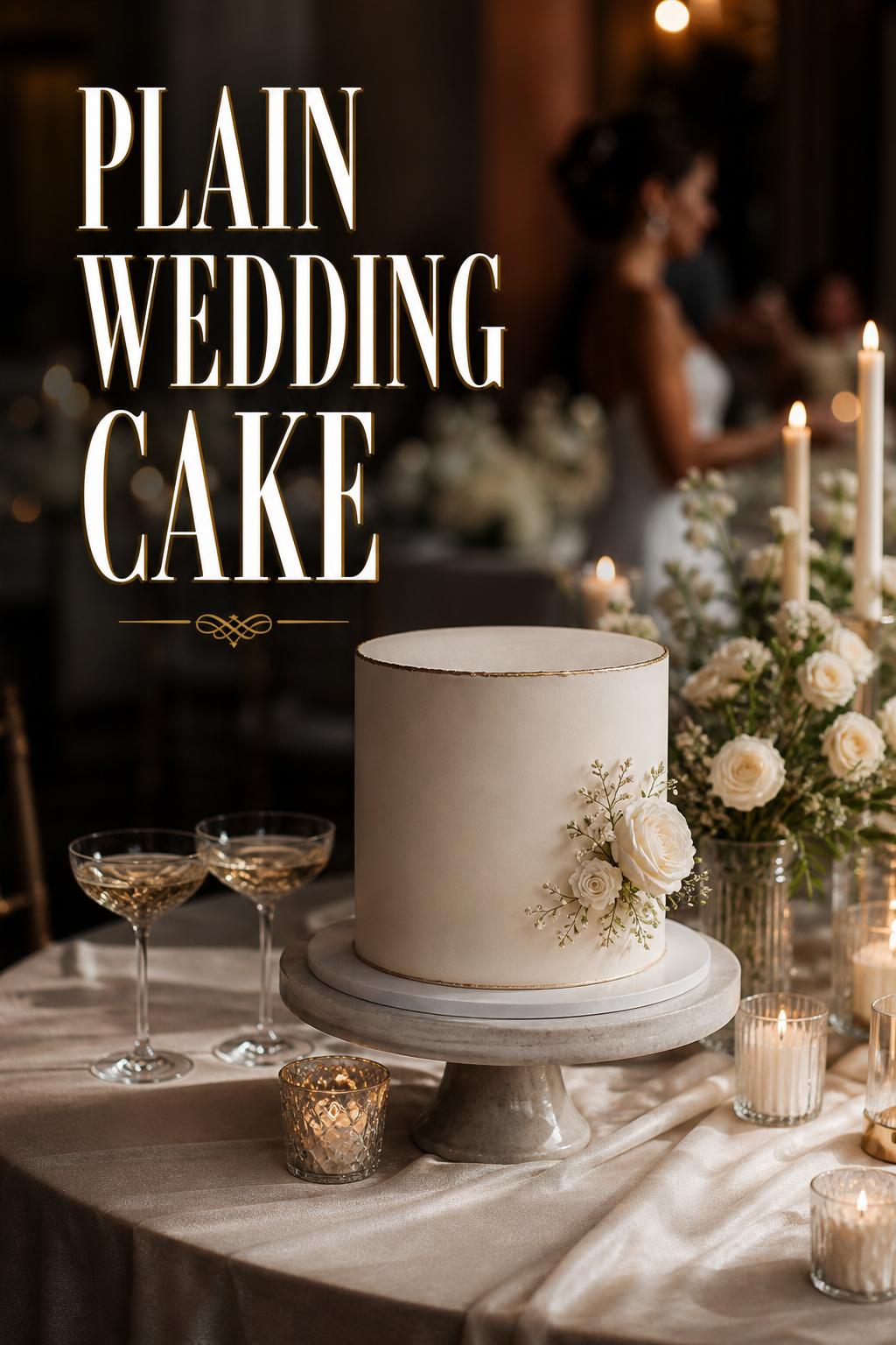 Plain wedding cake on a candlelit reception table with elegant minimalist styling