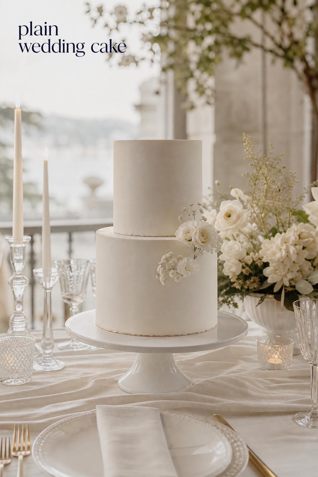 Plain wedding cake on an elegant candlelit reception table with ivory florals and crystal glassware
