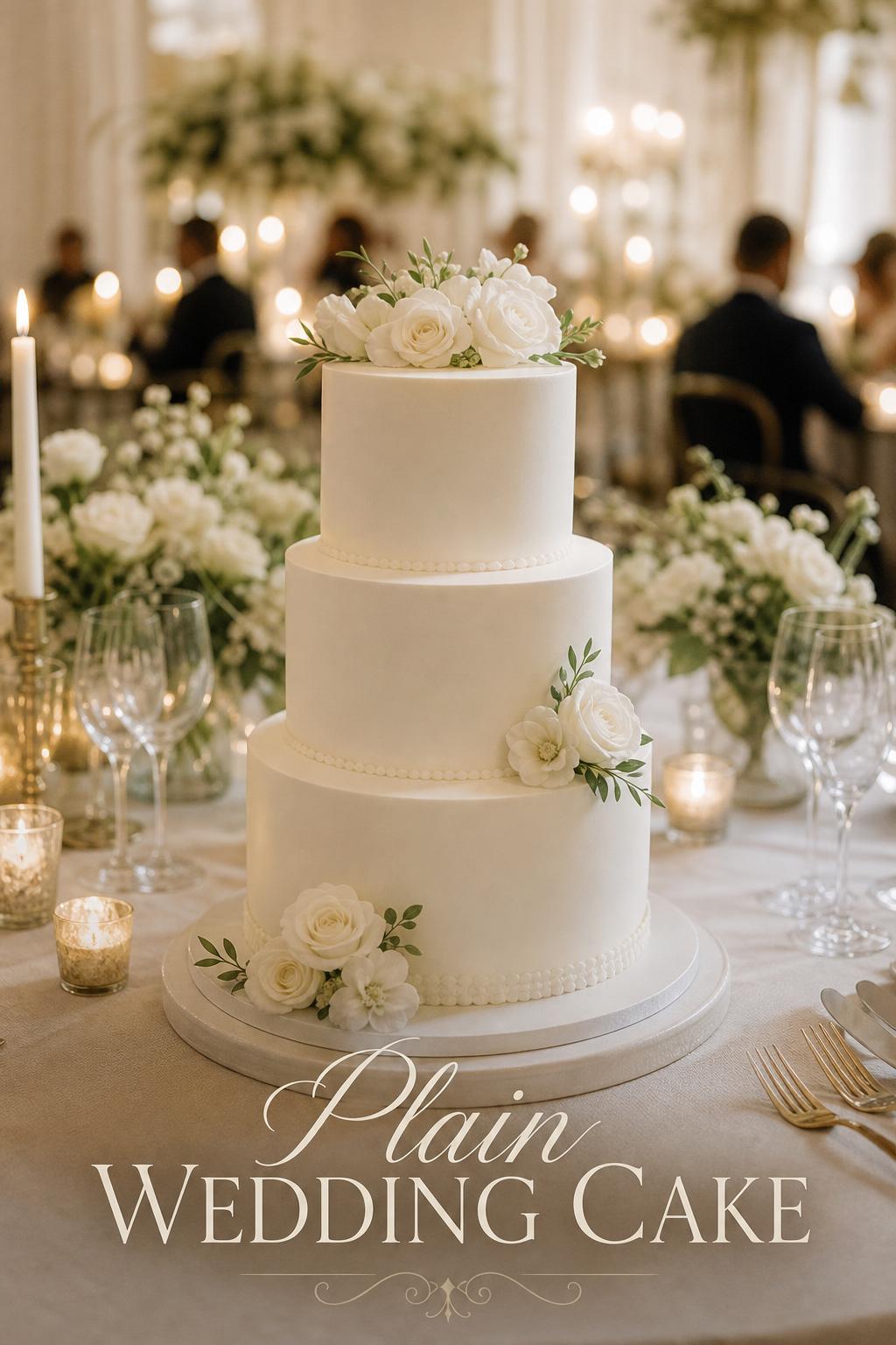 Plain wedding cake on an elegant candlelit reception table with ivory florals and modern romantic decor