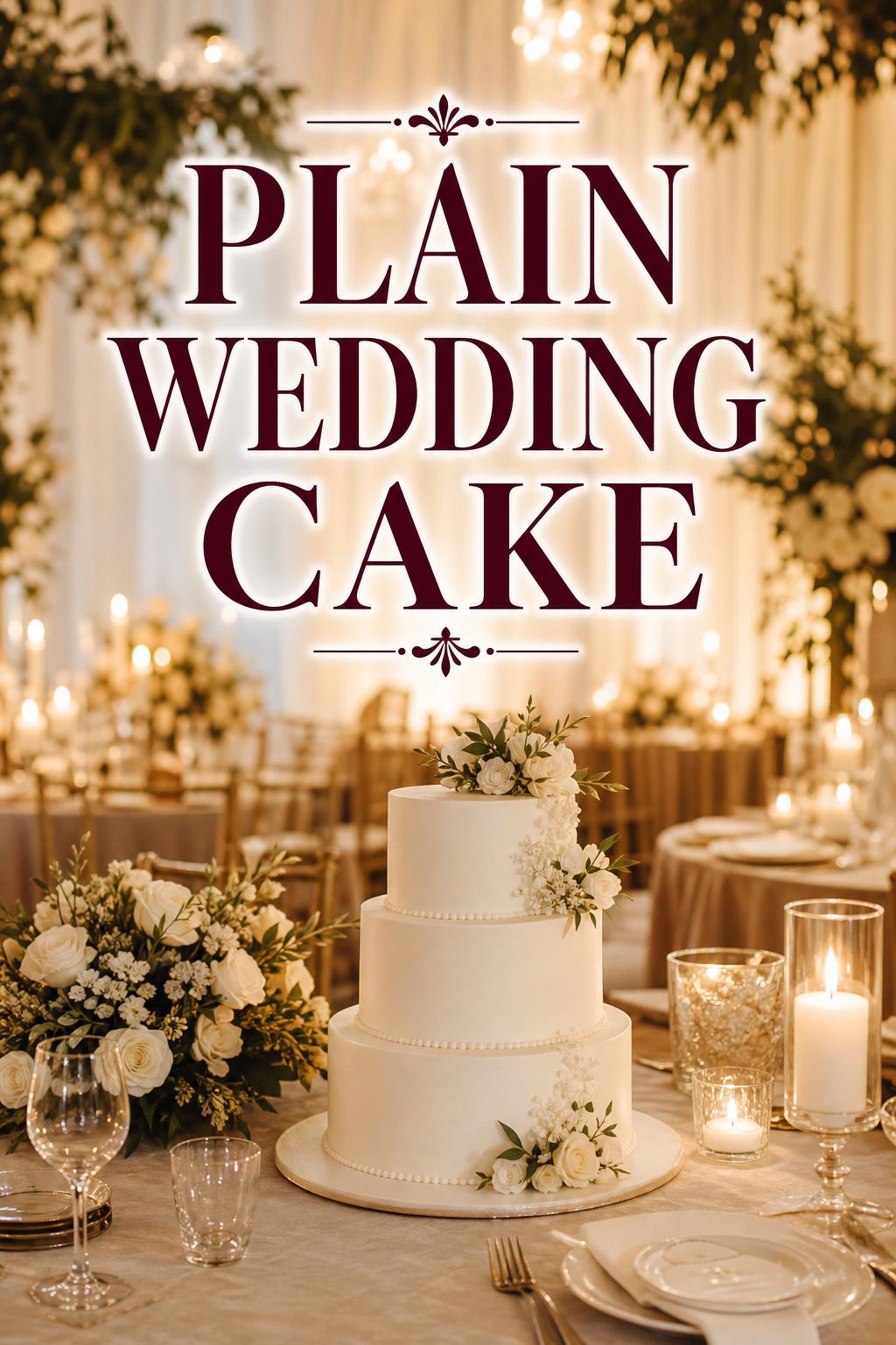 Plain wedding cake at a candlelit reception with elegant ivory styling and romantic golden-hour ambiance