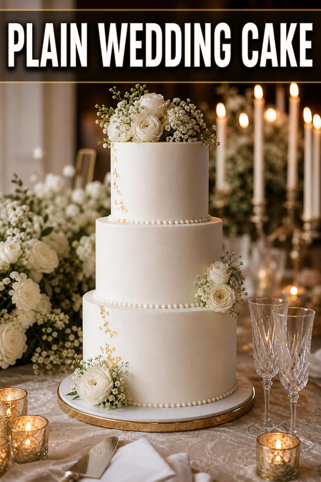Elegant plain wedding cake with smooth white icing, photographed in natural light for a timeless bridal look