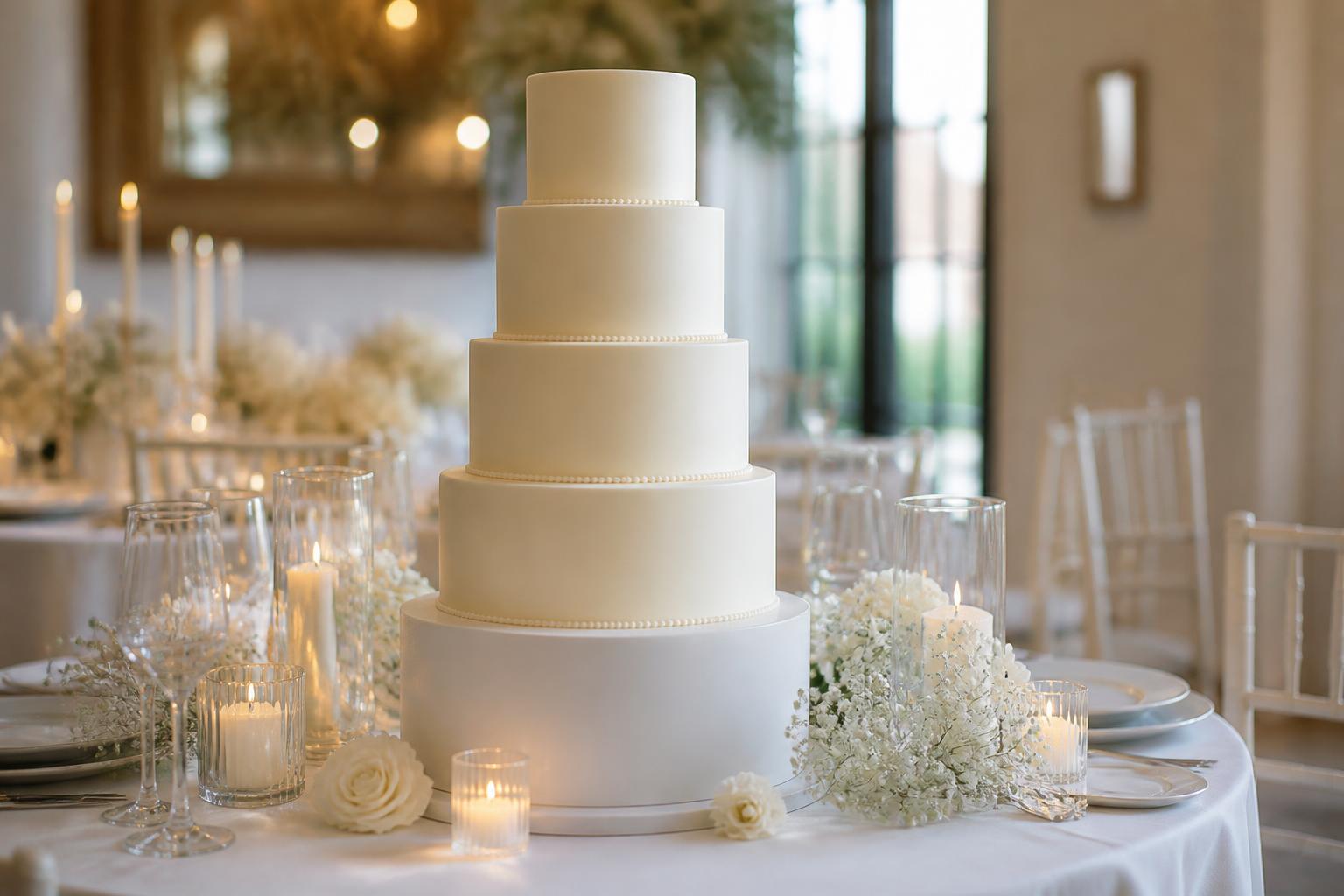 Elegant plain wedding cake with smooth white buttercream on a minimalist reception table