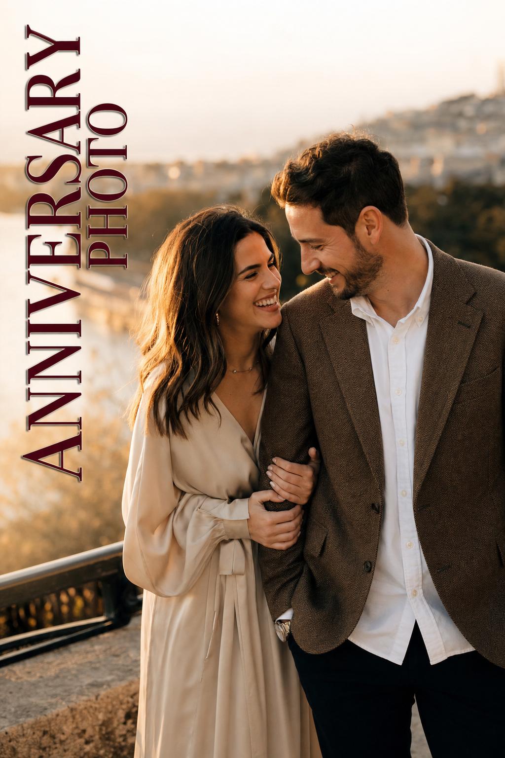 Romantic anniversary photo of a couple sharing a candid laugh in warm golden-hour light with elegant ANNIVERSARY PHOTO text overlay