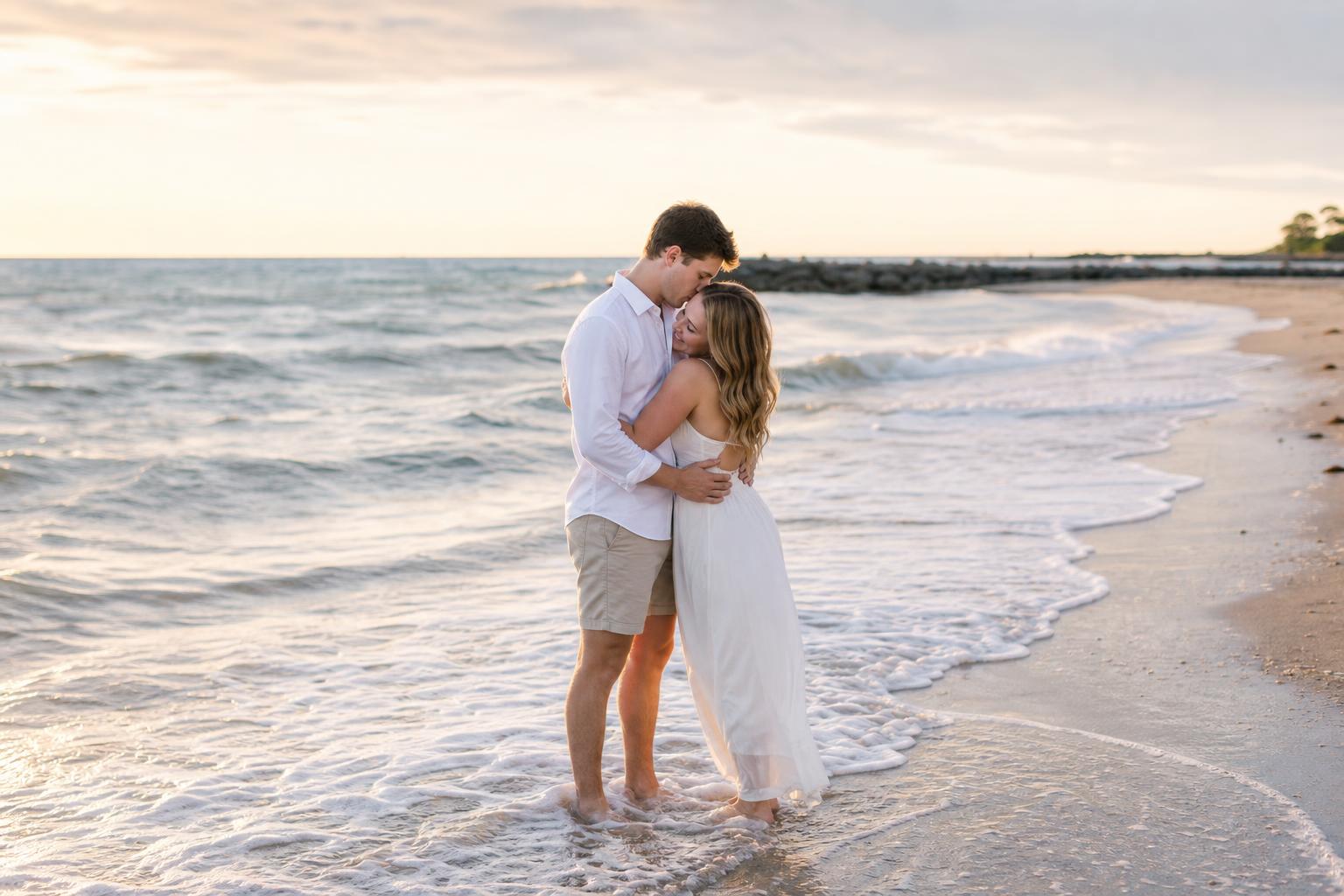 Romantic couple walking barefoot at sunset, wearing airy white outfits—beach photo shoot ideas with an effortless golden glow