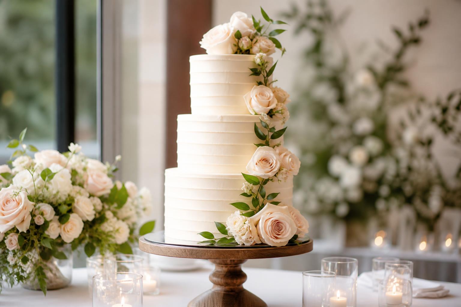 Romantic cake wedding display with elegant tiered wedding cake, soft buttercream finish, and delicate floral accents