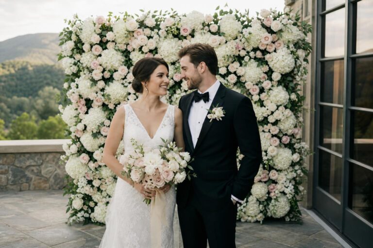 Romantic photo booth backdrop wedding with lush floral wall, greenery accents, and soft uplighting in an elegant reception space