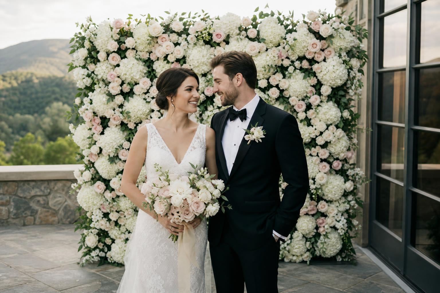 Romantic photo booth backdrop wedding with lush floral wall, greenery accents, and soft uplighting in an elegant reception space