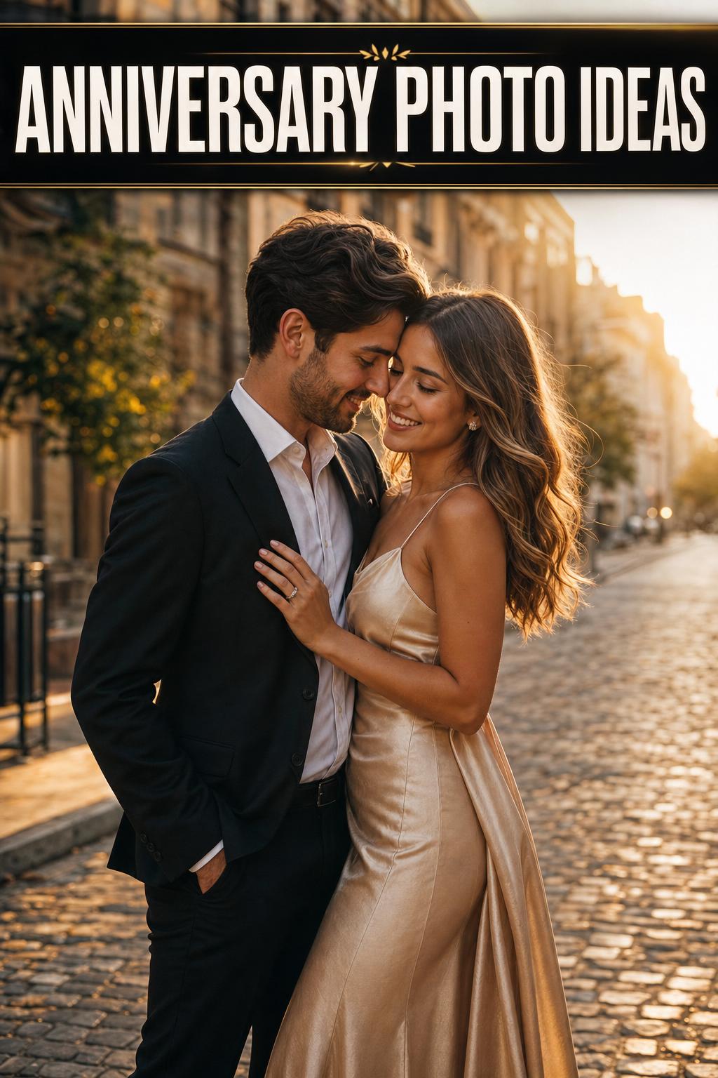 Romantic couple holding hands at sunset, anniversary photo with warm golden light