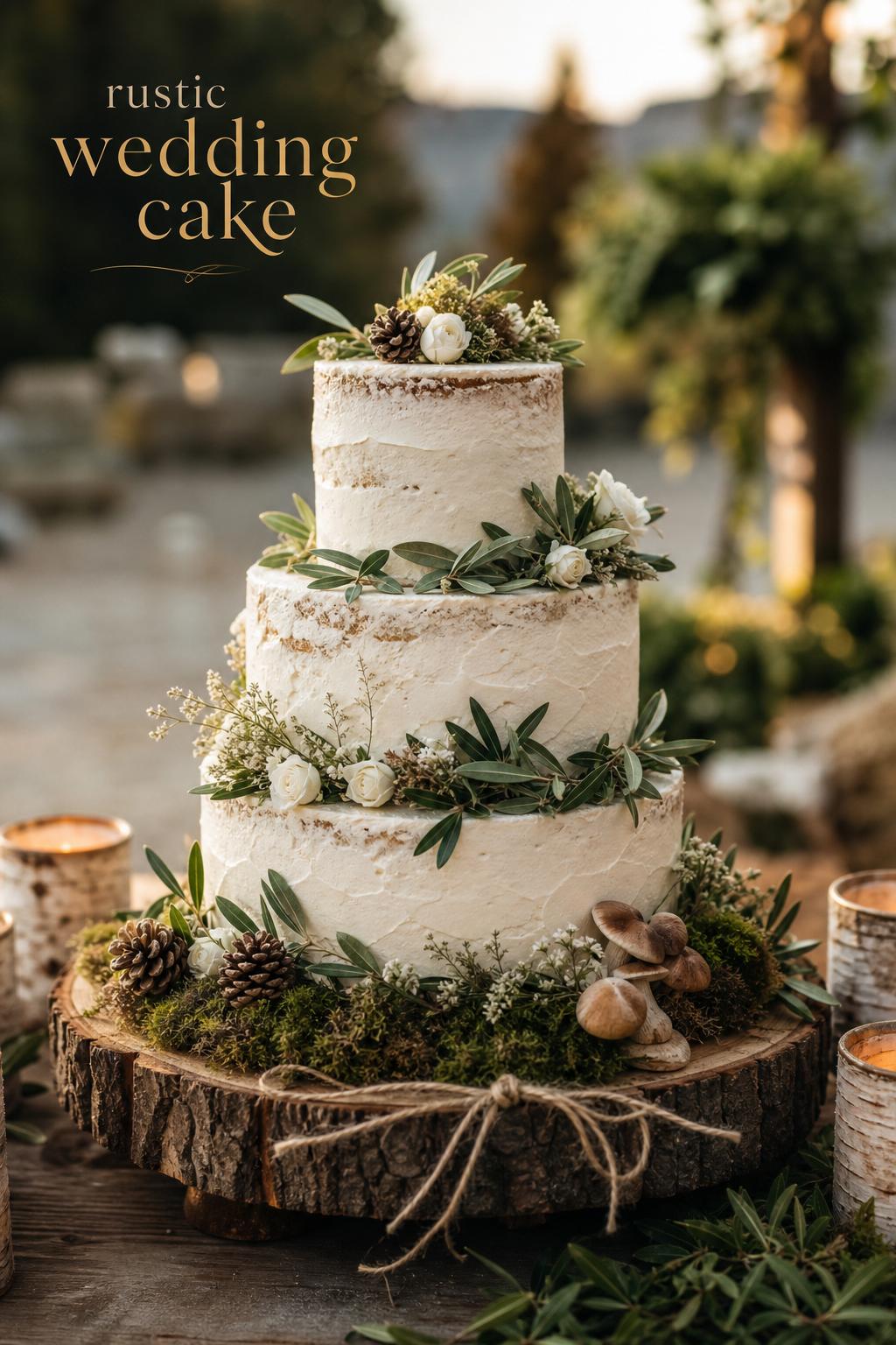 Rustic wedding cake on wooden stand with olive garland, flowers, and woodland accents in warm editorial light