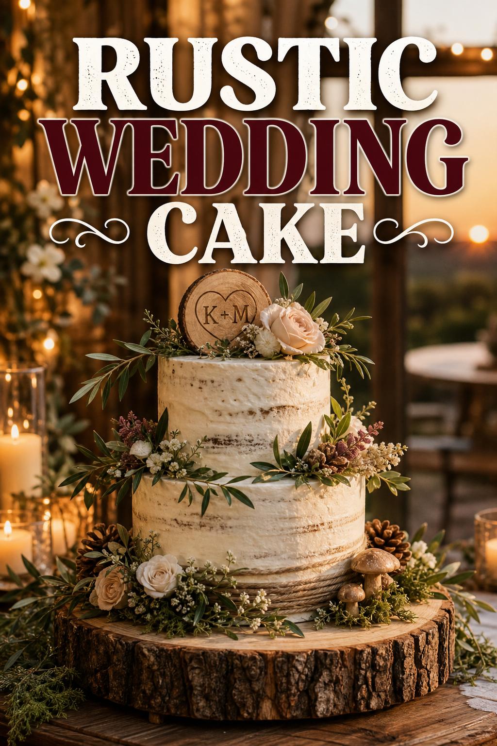 Rustic wedding cake with ivory buttercream, olive garland and flowers on a wooden stump in warm golden-hour lodge setting