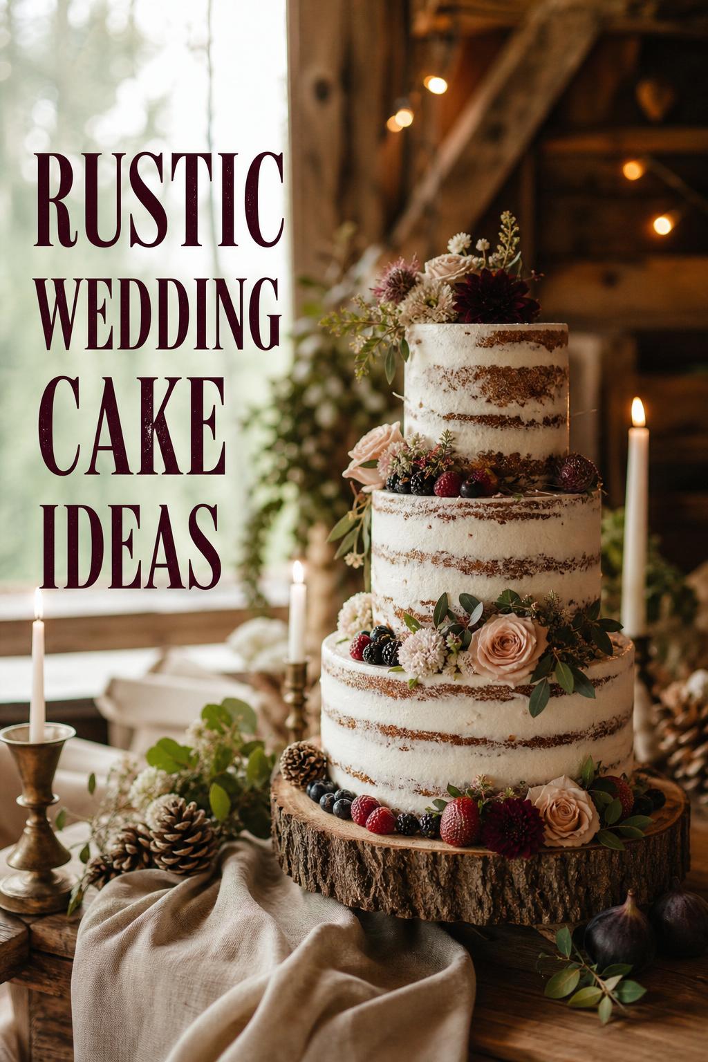 Rustic wedding cake ideas in a barn reception with semi-naked tiers, berries, florals, candles, and wood stand