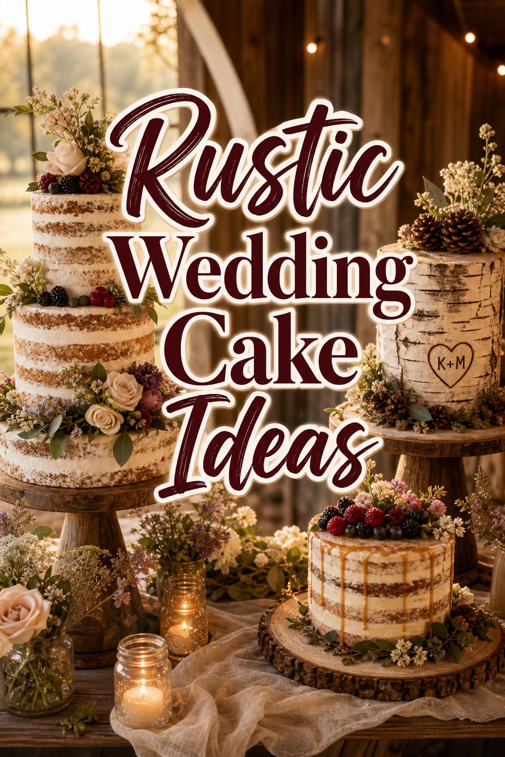 Rustic wedding cake ideas display with semi-naked buttercream cakes, berries, florals and candlelit barn setting at golden hour