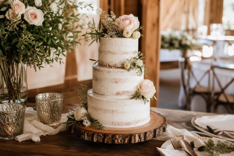 Rustic wedding cake ideas with semi-naked buttercream tiers, fresh berries, and a floral cascade on a wooden stand
