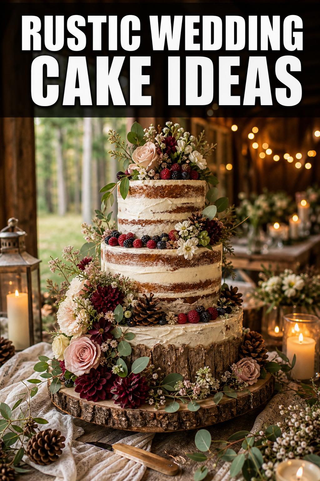 Rustic wedding cake ideas featuring a semi-naked buttercream cake with fresh flowers on a wooden table