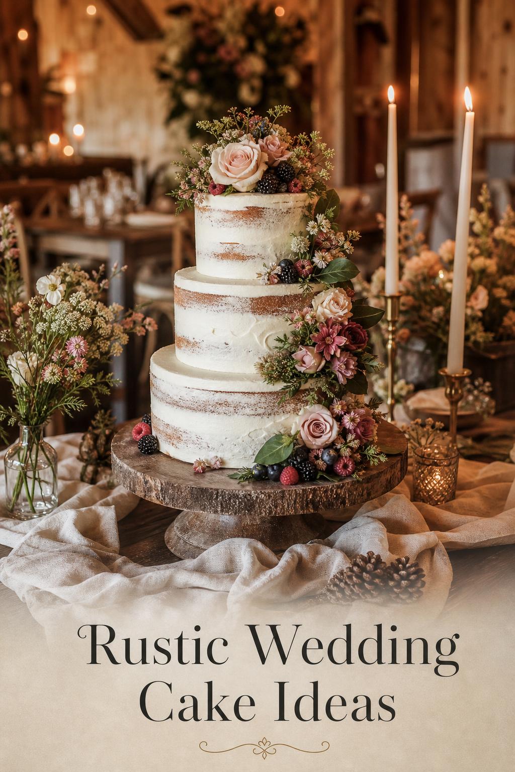 Rustic wedding cake ideas with a semi-naked tiered cake, seasonal flowers, berries and candlelit barn reception backdrop