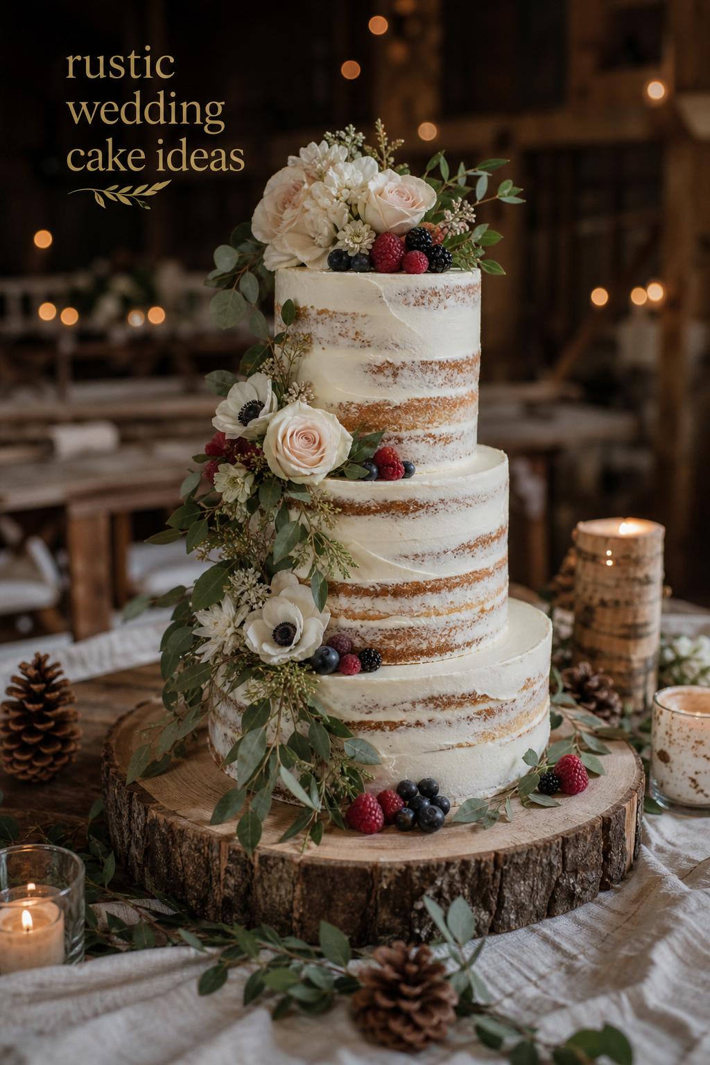Rustic wedding cake display with semi-naked tiered cake, berries, greenery, candles and text overlay rustic wedding cake ideas