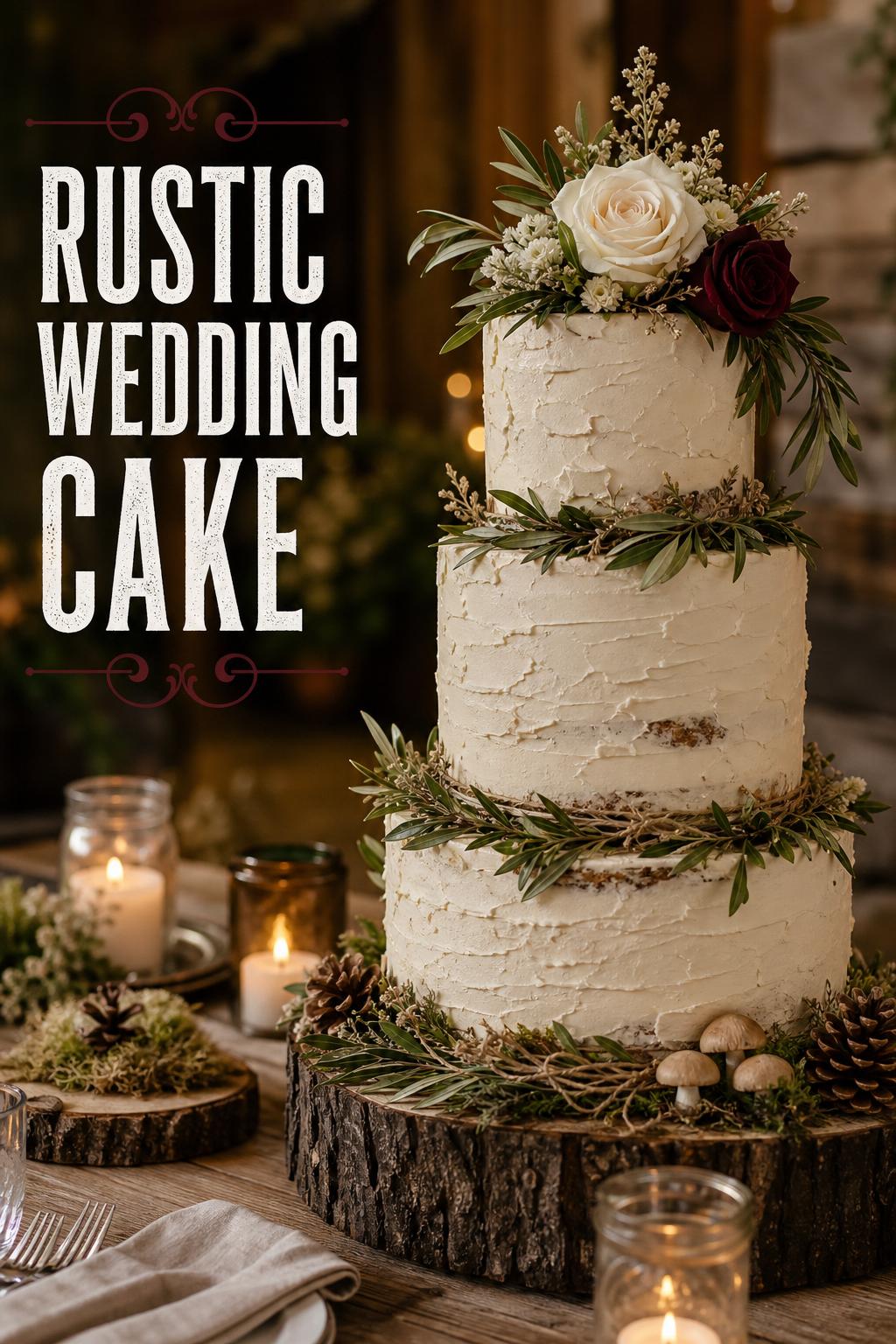Rustic wedding cake with semi-naked buttercream, olive garland and garden flowers on a wood stump in warm candlelit barn setting.