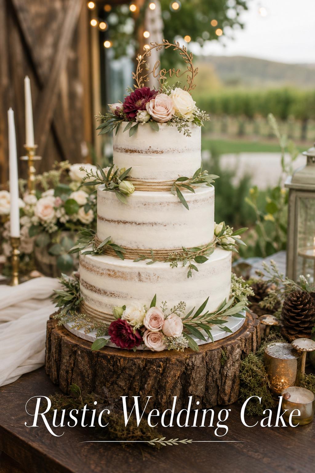 Rustic wedding cake on a wooden stand with olive garland and muted flowers in a dreamy outdoor vineyard setting