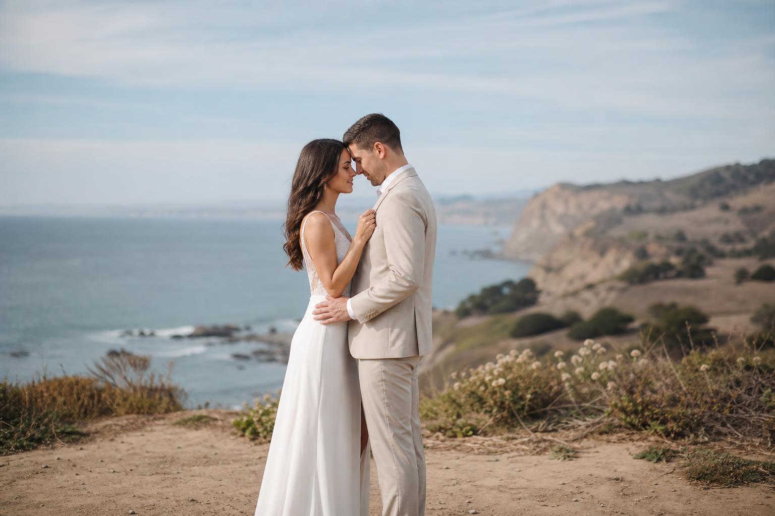 Same height couples poses photo ideas with an eye-to-eye embrace and soft sunset light in a city park.