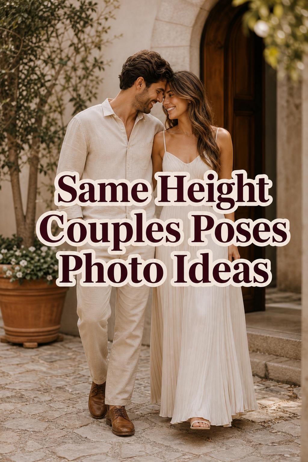 Same height couples poses photo ideas with a cozy golden-hour engagement-style portrait of an equal-height couple in neutral outfits