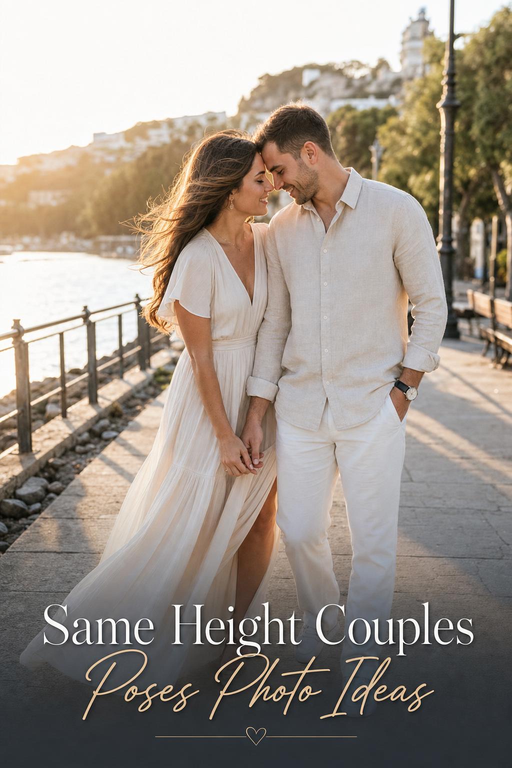 Same height couples poses photo ideas with an equal-height couple touching foreheads on a golden-hour waterfront boardwalk.