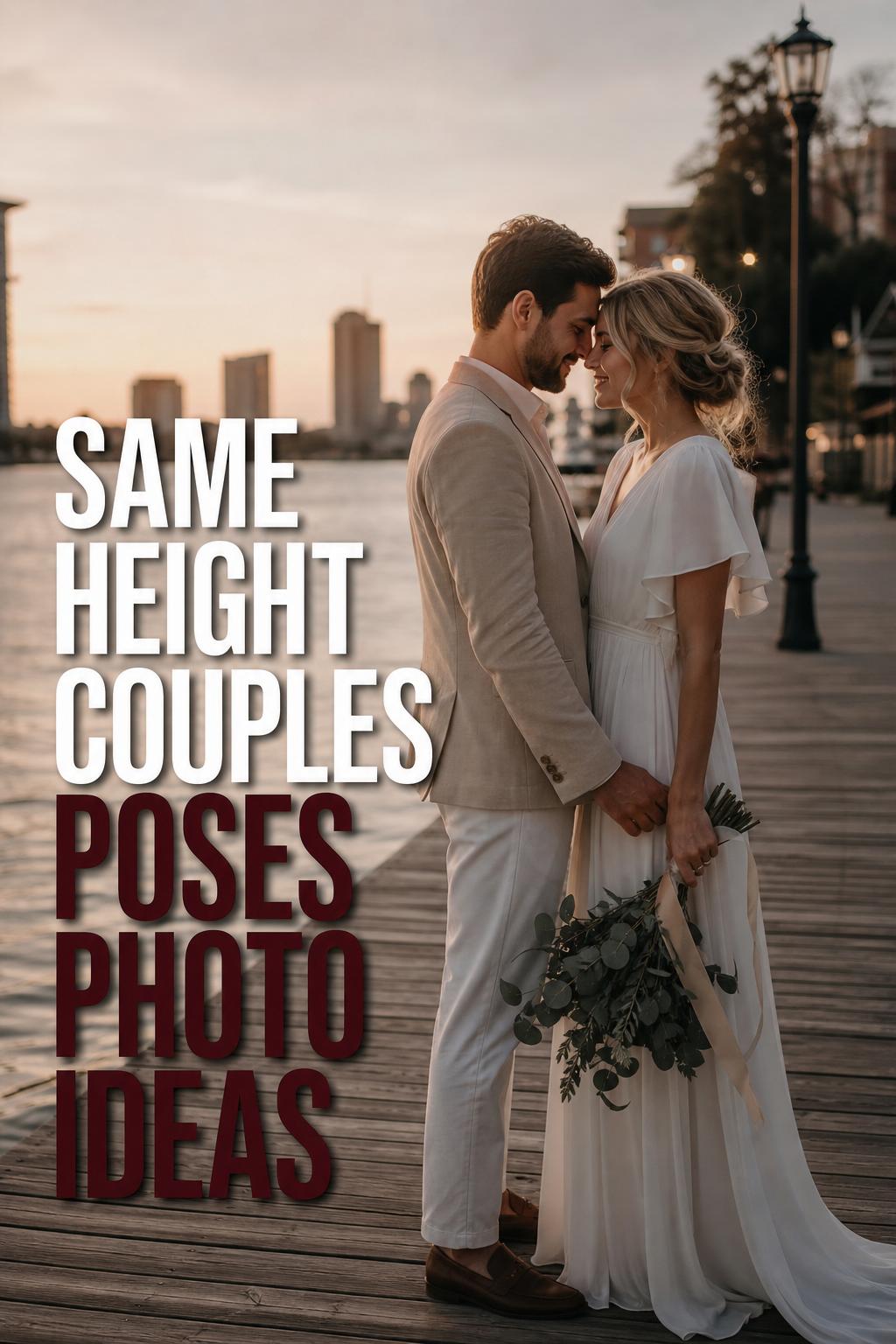 Same height couples poses photo ideas: engaged couple face-to-face on a golden-hour waterfront boardwalk, tender and balanced.