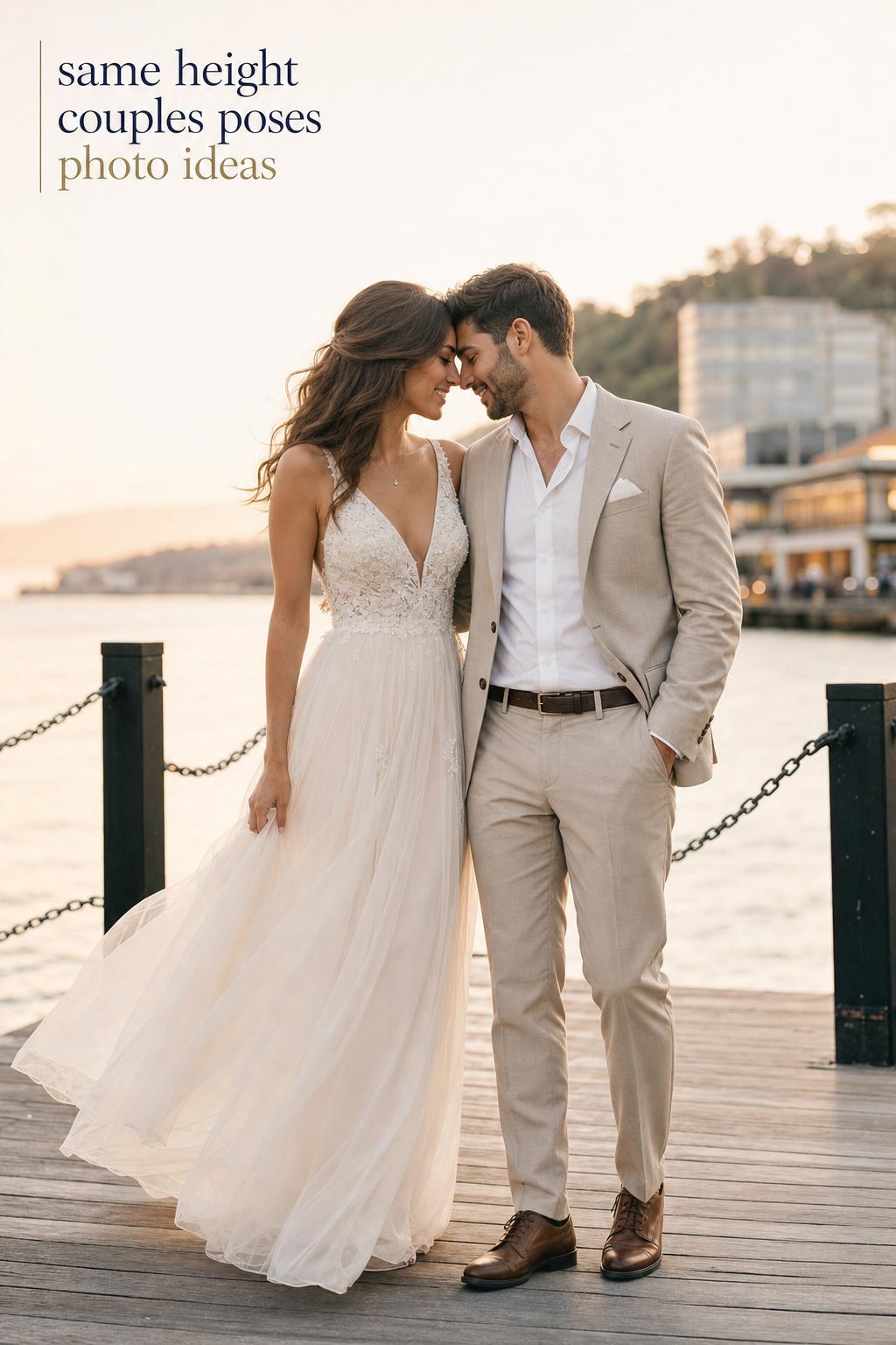 Same height couples poses photo ideas in a tender golden hour wedding portrait on a waterfront boardwalk, eye-level embrace.