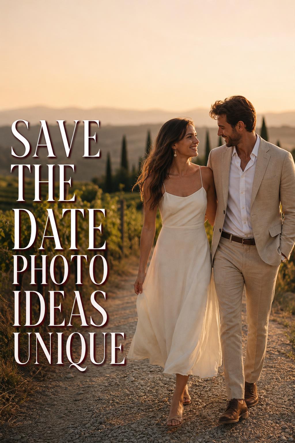 Save the date photo ideas unique: engaged couple walking a golden-hour vineyard path with elegant side text space