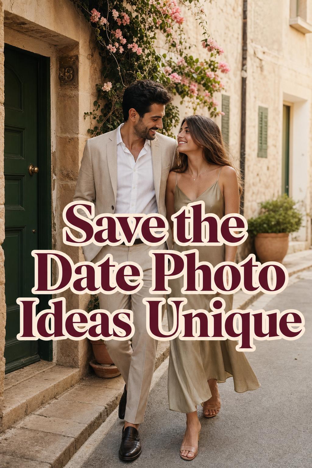 save the date photo ideas unique with engaged couple walking at golden hour in a warm European courtyard with text space