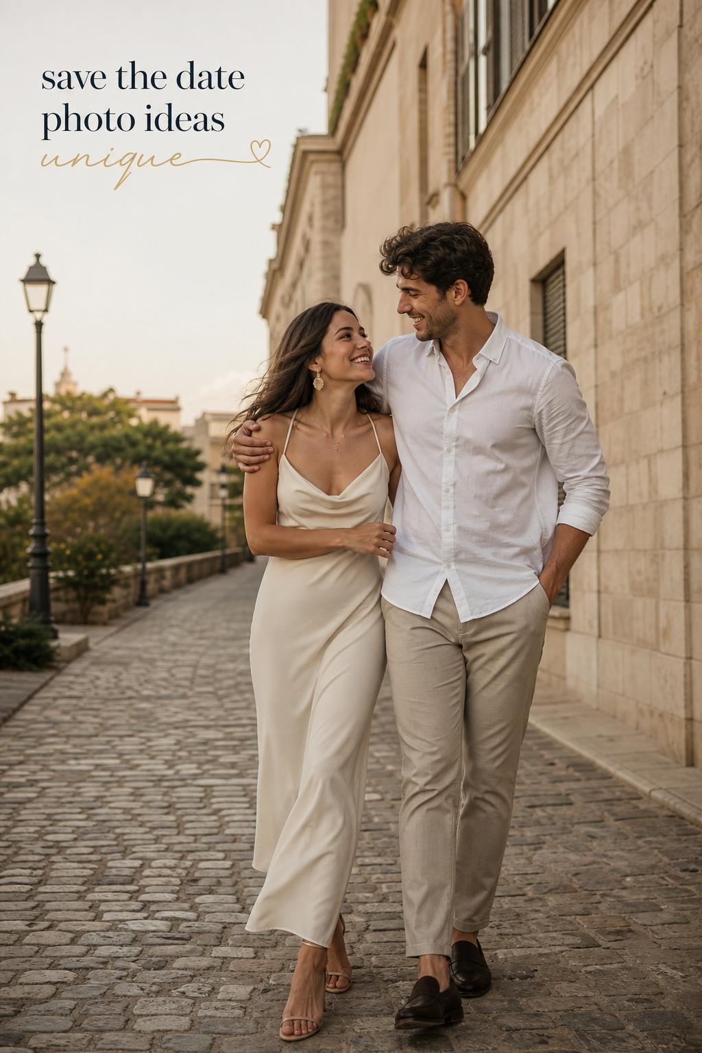 modern engaged couple on a European street with text save the date photo ideas unique, minimal editorial wedding announcement