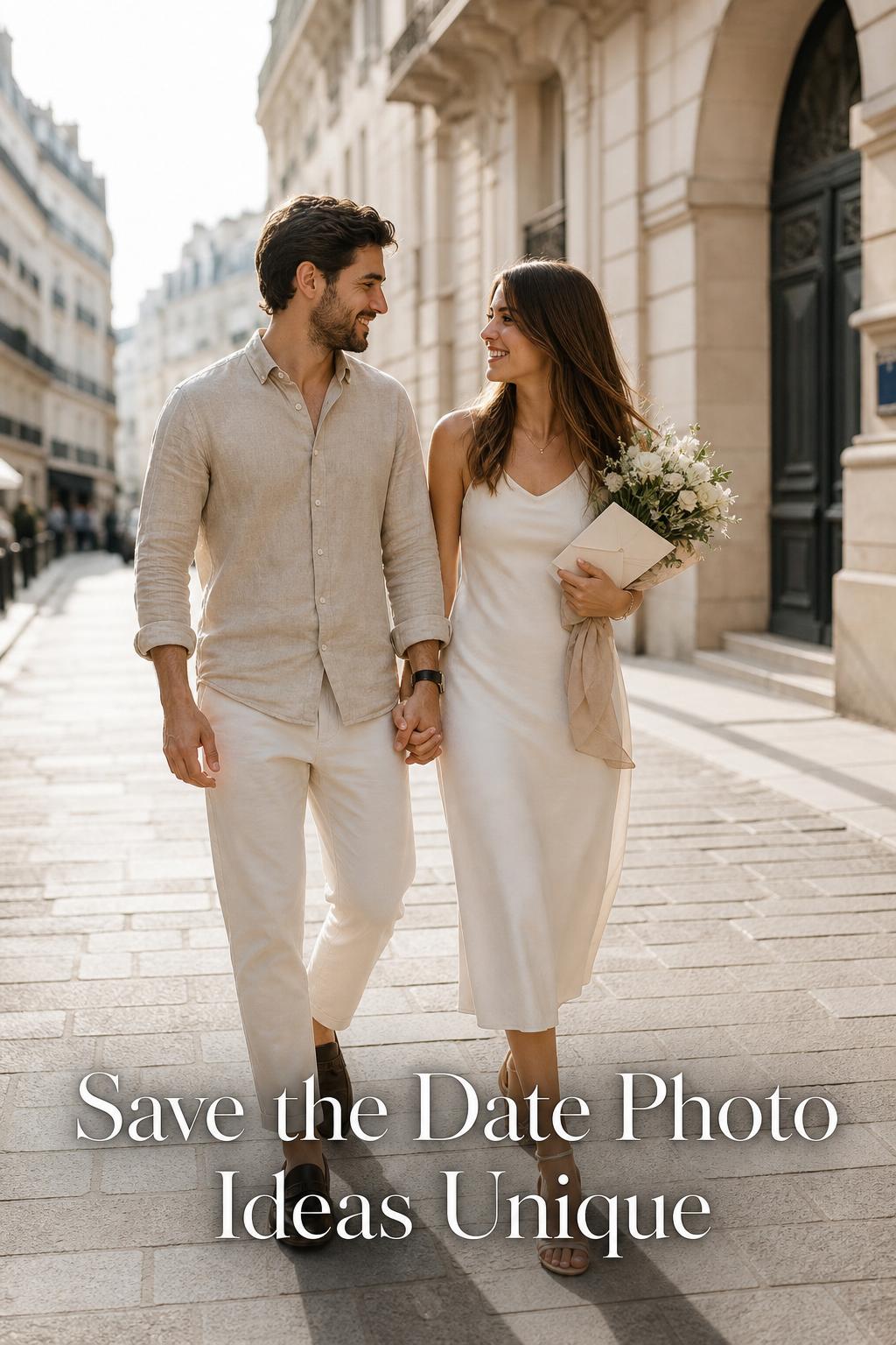 Save the date photo ideas unique: engaged couple walking on a sunlit European street, holding a bouquet and smiling