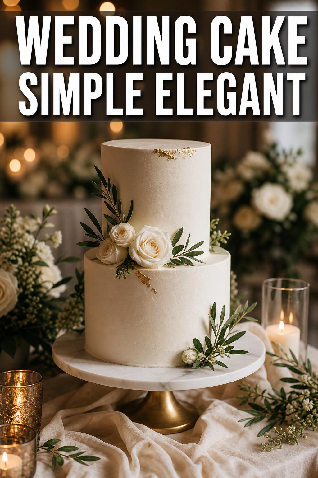 Simple elegant wedding cake with smooth white frosting and minimal floral accents on a bright reception table