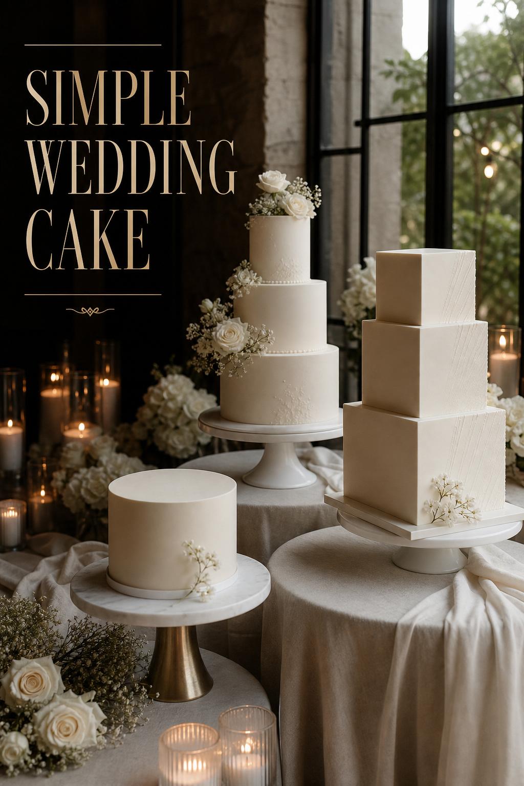 Simple wedding cake editorial with three elegant ivory cakes on a candlelit linen table in a refined reception setting