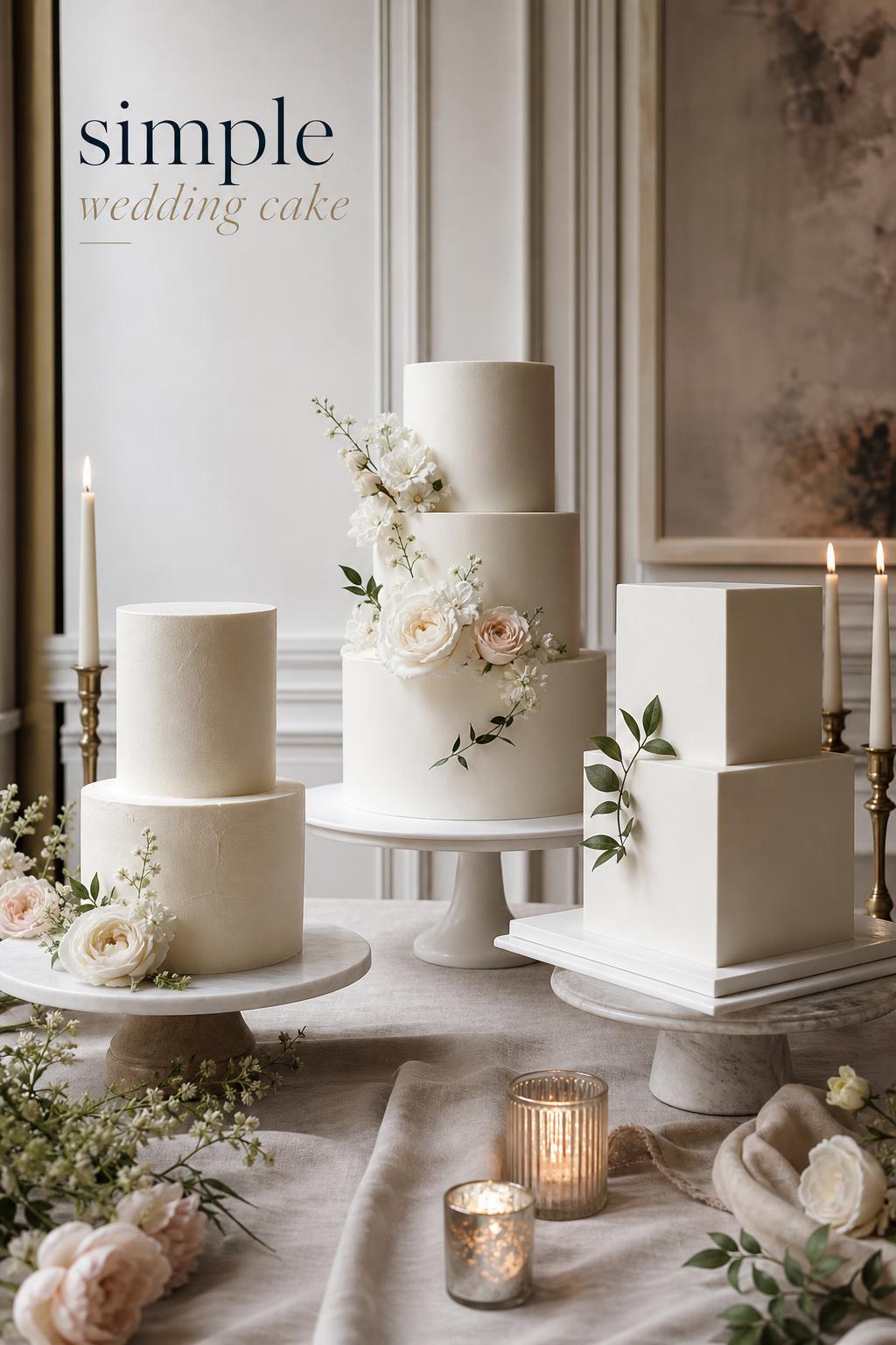 Simple wedding cake trio in minimalist, classic, and modern styles on neutral linen with candles and soft bridal light.