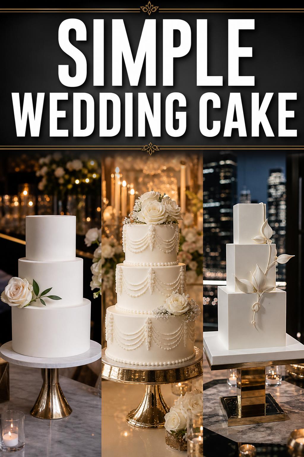 Simple wedding cake with smooth white frosting and elegant minimal floral decoration on a reception table