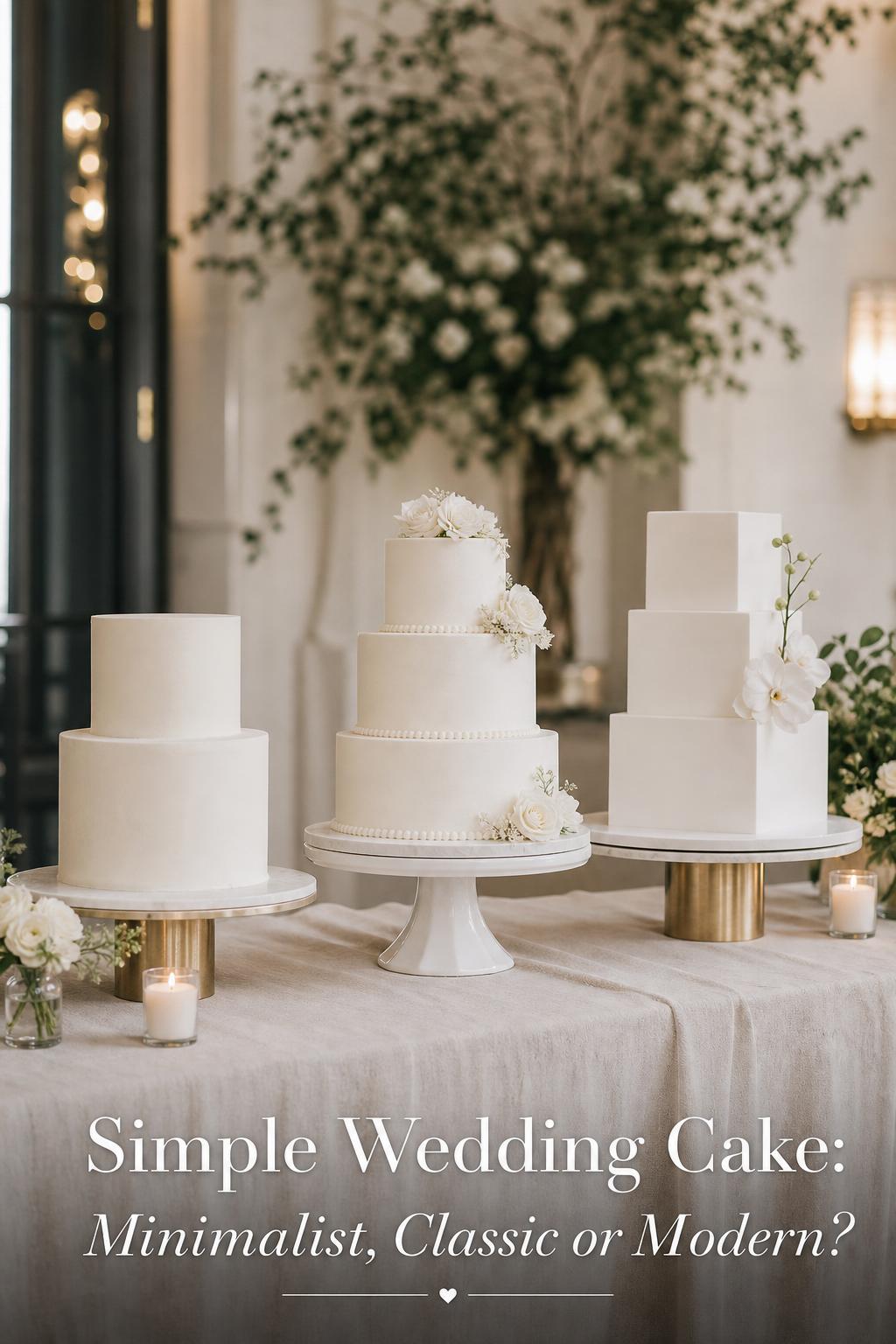 Simple wedding cake comparison photo with minimalist, classic and modern white tiered cakes in a candlelit luxury reception setting