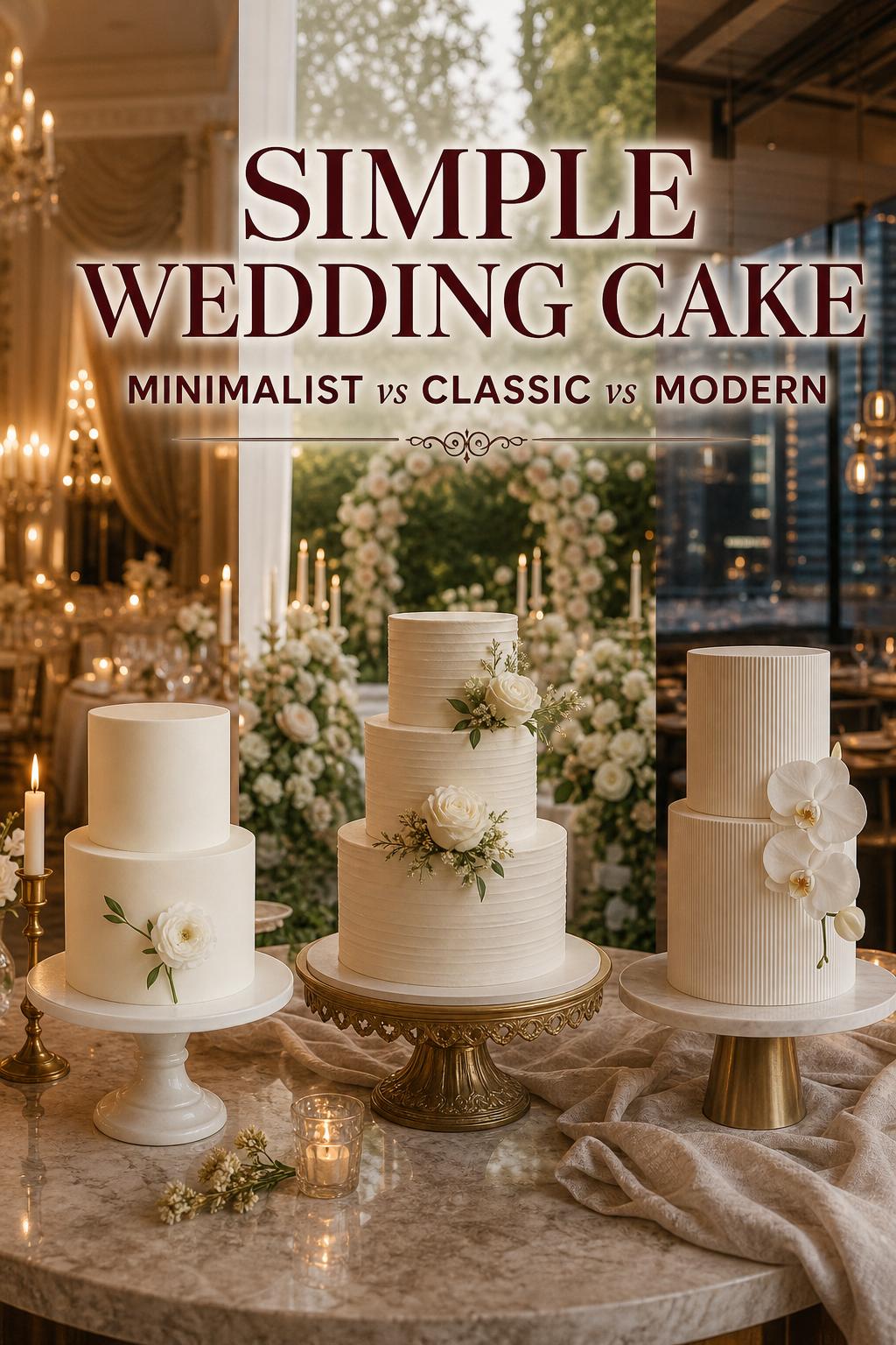 Simple wedding cake comparison with three white cakes in warm candlelit editorial setting, minimalist classic and modern styles