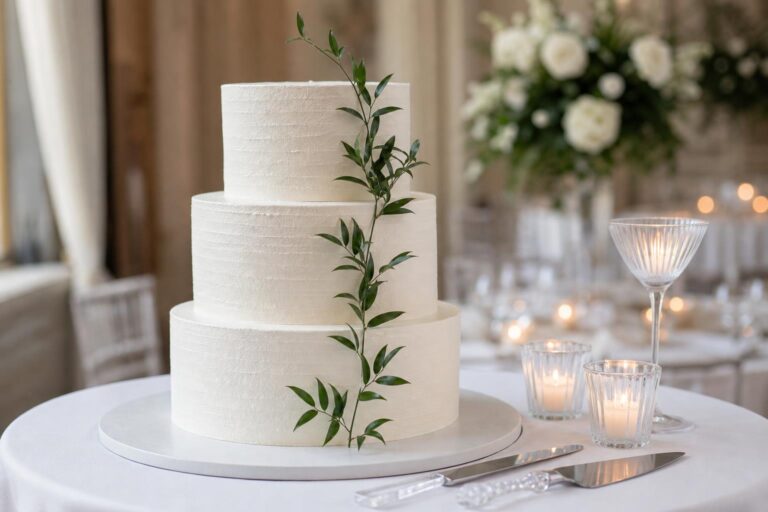 Simple wedding cake with smooth white buttercream tiers on a minimal cake table in soft natural light