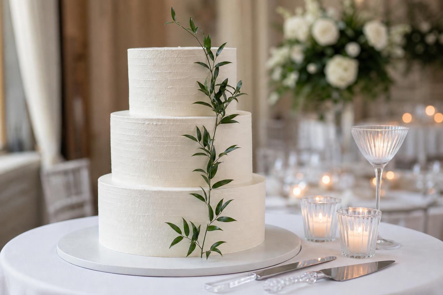 Simple wedding cake with smooth white buttercream tiers on a minimal cake table in soft natural light