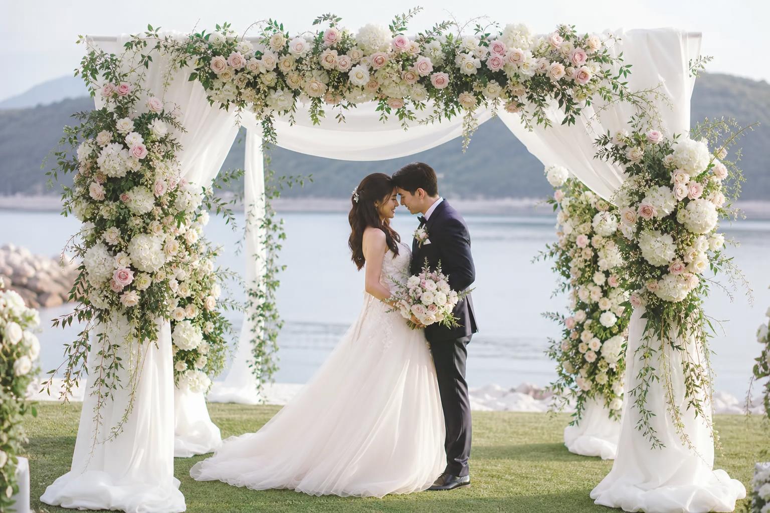 Romantic wedding photo background with soft draped fabric and floral arch in warm cinematic light