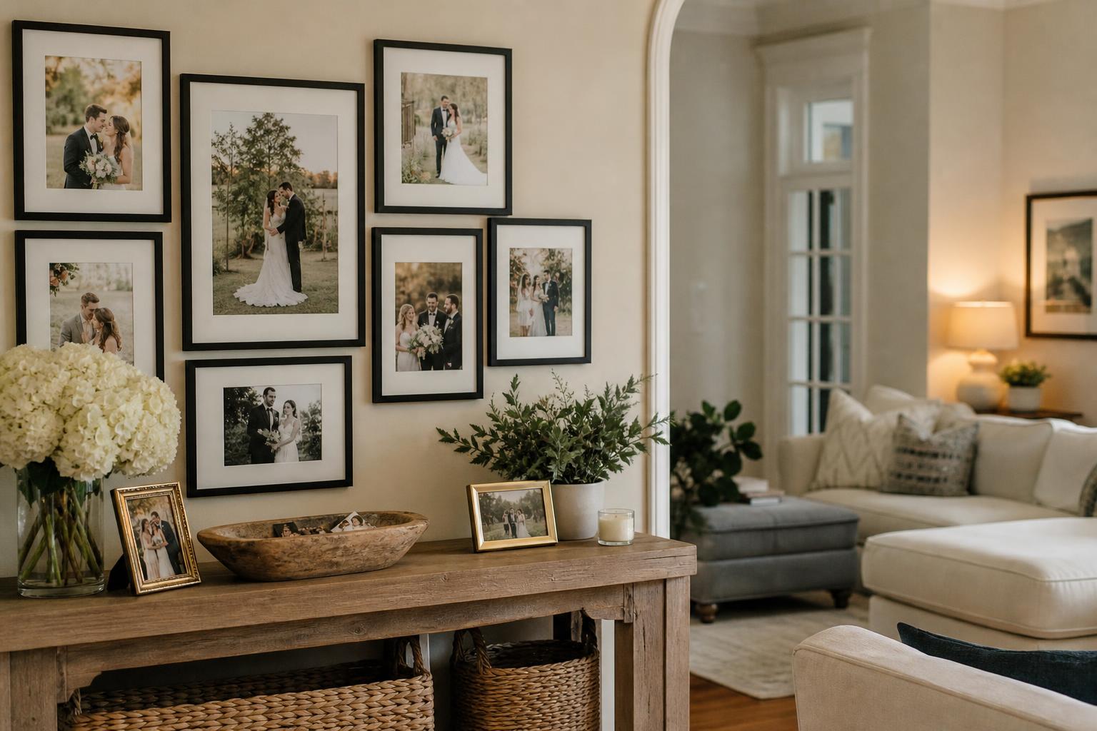 Soft modern wedding photo display home with framed prints arranged in a calm gallery wall above a console table