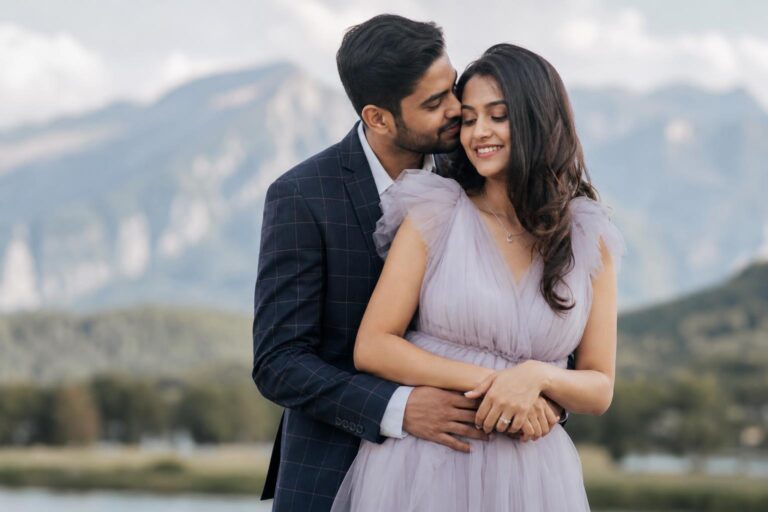 Couple pre wedding photo poses in spring garden, soft romantic embrace with natural light and editorial elegance