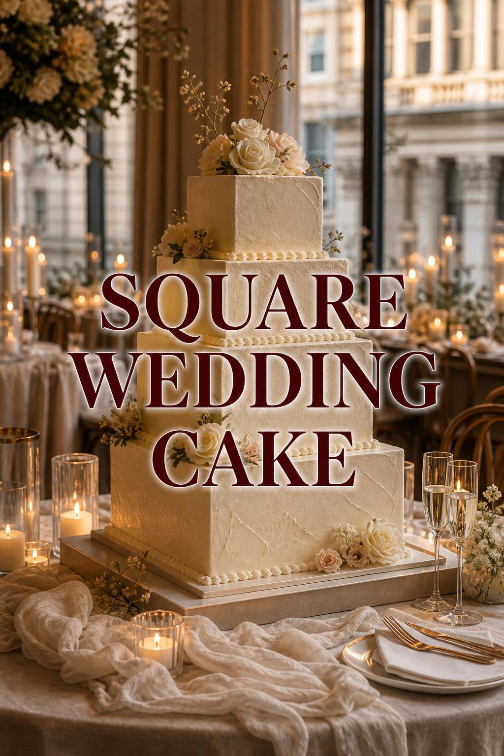 Square wedding cake on an elegant candlelit reception table in warm golden-hour light with modern romantic styling
