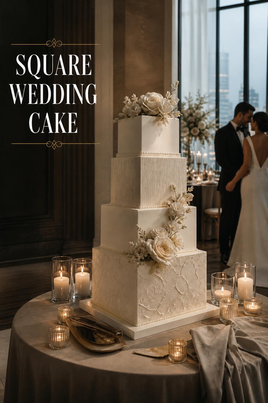 Square wedding cake with ivory tiers on a candlelit luxury reception table in a modern gallery-style ballroom