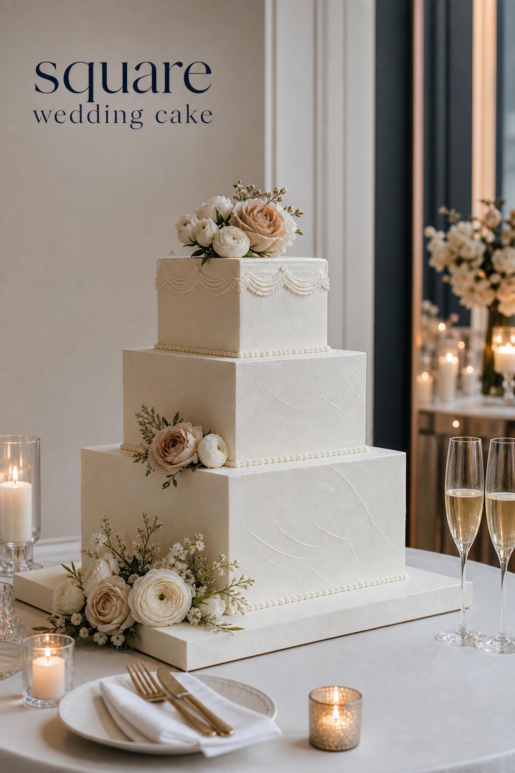 Square wedding cake with ivory tiers, neutral florals, and candlelit minimalist luxury reception styling in a modern venue